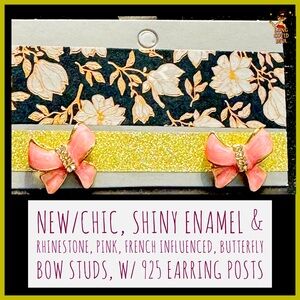 NEW/Chic, Shiny Enamel & Rhinestone, Pink, French Influenced Butterfly Bow Studs